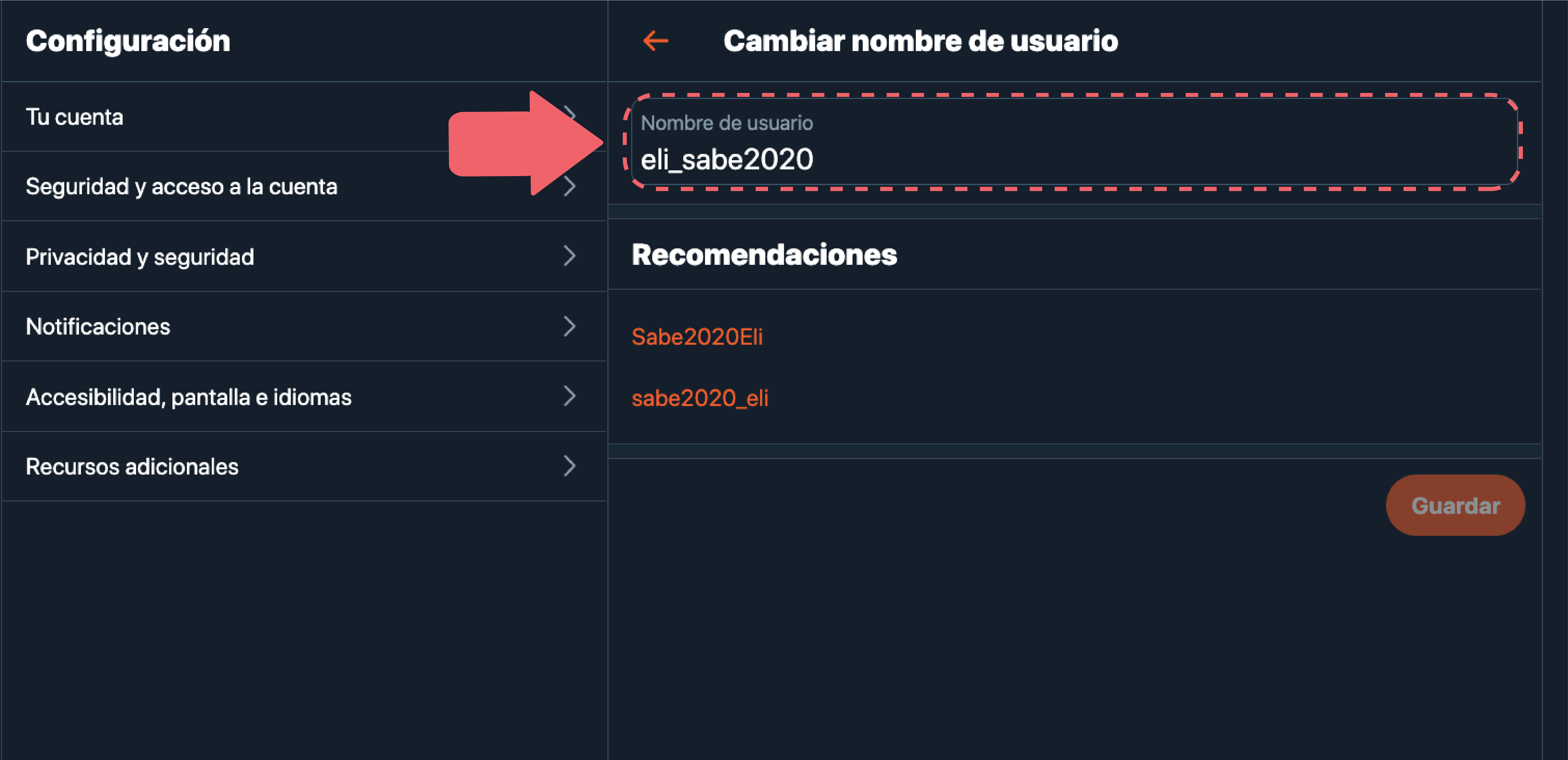 Para cambiar tu nombre de usuario, dirígete al menú de Configuración de tu cuenta de Twitter y selecciona la opción Tu cuenta. Luego, selecciona Información de la cuenta. Allí en Nombre de usuario asegúrate de escribir un apodo original de más de 5 caracteres.